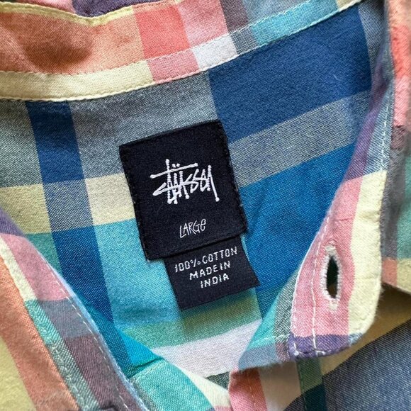 Stussy Summer Plaid Camp Button Up Shirt Men Large Multicolor Skater Preppy - Picture 5 of 8
